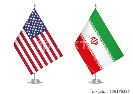 Flags of United States and Iran. The concept of partnership and joint action. Symbol of partnership, cooperation, international collaboration, peaceful negotiations, alliance, bilateral communication 136176327
