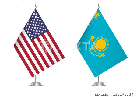 Flags of United States and Kazakhstan. The concept of partnership and joint action. Symbol of partnership, cooperation, international collaboration, peaceful negotiations, alliance, bilateral 136176334