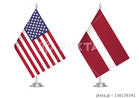 Flags of United States and Latvia. The concept of partnership and joint action. Symbol of partnership, cooperation, international collaboration, peaceful negotiations, alliance, bilateral 136176341