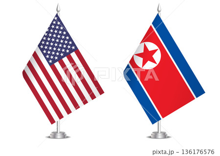 Flags of United States and North Korea. The concept of partnership and joint action. Symbol of partnership, cooperation, international collaboration, peaceful negotiations, alliance, bilateral 136176576