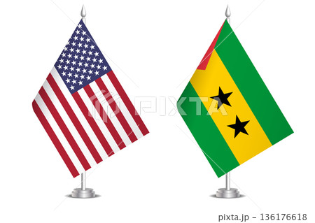Flags of United States and Sao Tome and Principe. The concept of partnership and joint action. Symbol of partnership, cooperation, international collaboration, peaceful negotiations, alliance 136176618