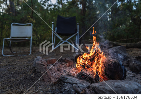 Campfire Burning at Forest Campsite with Empty Chairs 136176634