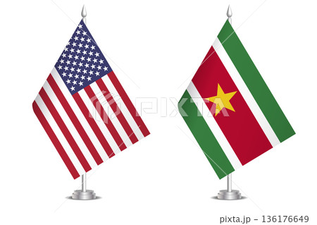 Flags of United States and Suriname. The concept of partnership and joint action. Symbol of partnership, cooperation, international collaboration, peaceful negotiations, alliance, bilateral 136176649