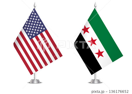 Flags of United States and Syria. The concept of partnership and joint action. Symbol of partnership, cooperation, international collaboration, peaceful negotiations, alliance, bilateral communication 136176652