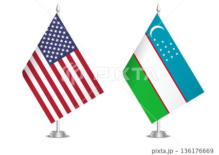 Flags of United States and Uzbekistan. The concept of partnership and joint action. Symbol of partnership, cooperation, international collaboration, peaceful negotiations, alliance, bilateral 136176669