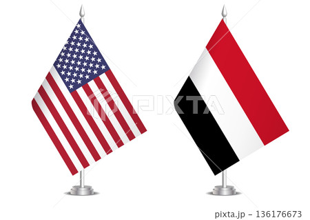 Flags of United States and Yemen. The concept of partnership and joint action. Symbol of partnership, cooperation, international collaboration, peaceful negotiations, alliance, bilateral communication 136176673