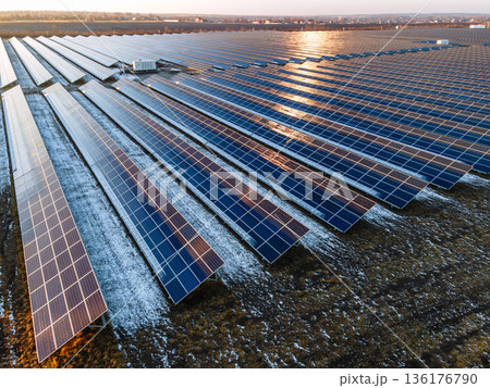 Large Solar Power Plant with Photovoltaic Panels from Above 136176790