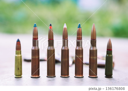Different rifle ammunition cartridges standing in a row 136176808