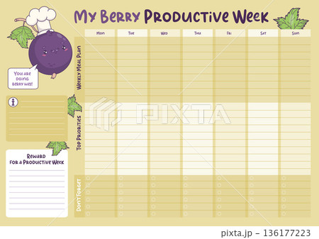Productive Week Meal Planner. Weekly Kitchen Organizer with Cute Kawaii Blackcurrant Male Chef Character. Printable Green Landscape Menu Schedule and Habit Checklist. Horizontal Vector Illustration 136177223