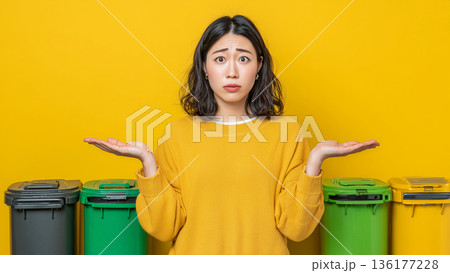 黄色い背景とゴミ箱の前で困惑のポーズをする女性 136177228