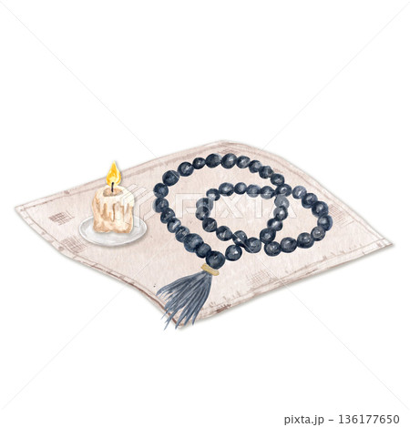 Candle stub with wax drips and rosary on linen napkin isolated on white. Watercolor illustration perfect for church design, spiritual layouts, devotionals, lent season, Ash Wednesday, posters, covers Candle stub with wax drips and rosary on linen napkin isolated on white. Watercolor illustration perfect for church design, spiritual layouts, devotionals, lent season, Ash Wednesday, posters, covers 136177650