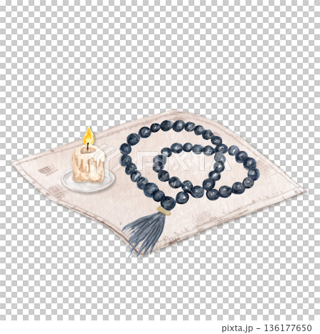 Candle stub with wax drips and rosary on linen napkin isolated on white. Watercolor illustration perfect for church design, spiritual layouts, devotionals, lent season, Ash Wednesday, posters, covers Candle stub with wax drips and rosary on linen napkin isolated on white. Watercolor illustration perfect for church design, spiritual layouts, devotionals, lent season, Ash Wednesday, posters, covers 136177650