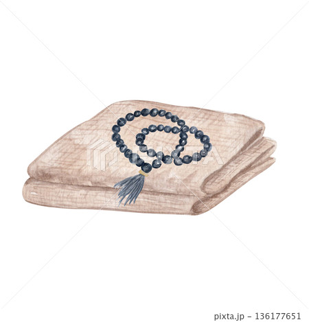 Prayer beads on folded linen cloth watercolor illustration isolated on white. Perfect for Christian design, church graphics, devotional layouts and contemplative content. Devotion during Lent season 136177651