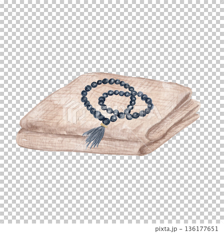 Prayer beads on folded linen cloth watercolor illustration isolated on white. Perfect for Christian design, church graphics, devotional layouts and contemplative content. Devotion during Lent season 136177651