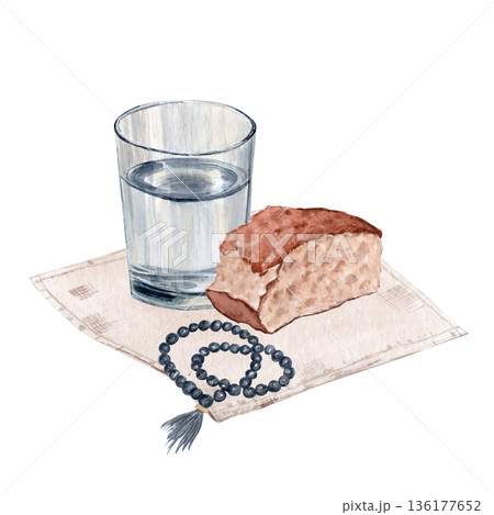 Glass of water, piece of bread, rosary on linen napkin isolated on white. Watercolor illustration for Christian design, church graphics, devotional layouts, spiritual reflection. Fasting, Lent season 136177652