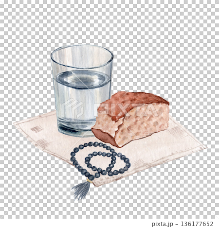 Glass of water, piece of bread, rosary on linen napkin isolated on white. Watercolor illustration for Christian design, church graphics, devotional layouts, spiritual reflection. Fasting, Lent season 136177652