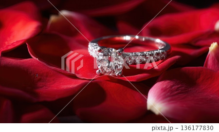 diamond engagement ring on red rose petals 136177830