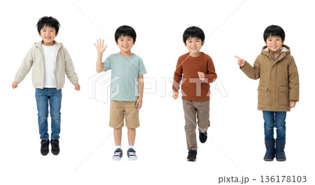 同一人物の小学1年生男子 4つの季節ファッション 全身切り抜きセット 透過PNG 春夏秋冬 カジュア 136178103