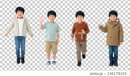 同一人物の小学1年生男子 4つの季節ファッション 全身切り抜きセット 透過PNG 春夏秋冬 カジュア 136178103