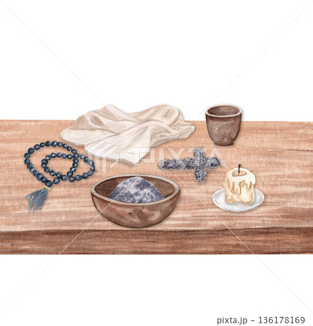 Seamless religious border with wooden table and Christian symbols. Horizontal watercolor layout with copy space on white, ideal for Lent designs, church posters, social media banners and invitations 136178169