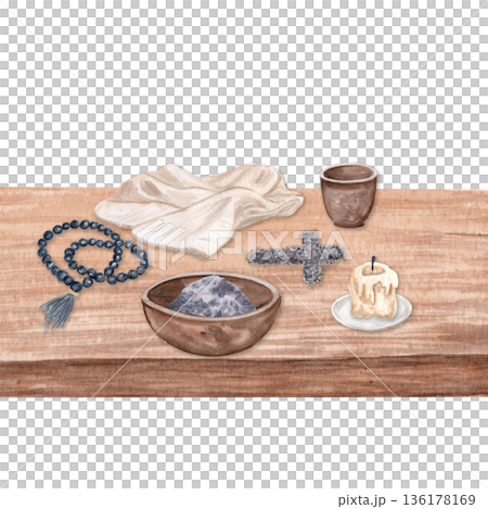 Seamless religious border with wooden table and Christian symbols. Horizontal watercolor layout with copy space on white, ideal for Lent designs, church posters, social media banners and invitations 136178169