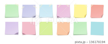 Pastel Sticky Notes Set with Taped and Folded Corners. Blank Colorful Memo Papers Mockup Collection for Business Planning, Education, Office Messages, Creative Design Projects. Vector Illustration 136178194