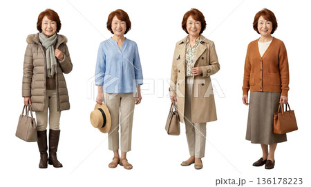 60代、70代同一人物のシニア女性 春夏秋冬ファッション4人セット 全身切り抜きPNG 透過  136178223