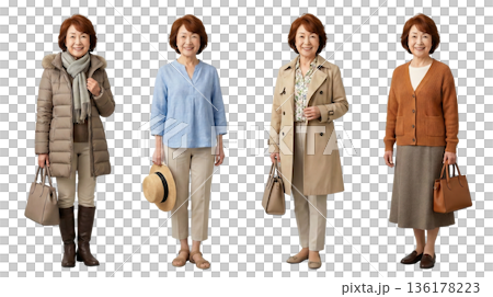 60代、70代同一人物のシニア女性 春夏秋冬ファッション4人セット 全身切り抜きPNG 透過  136178223