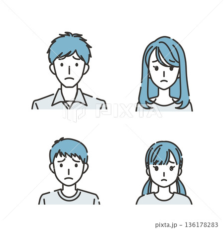 悩む若い両親と子どもたちの表情セット 136178283