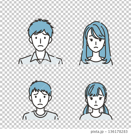 悩む若い両親と子どもたちの表情セット 136178283