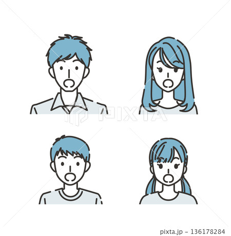驚く家族の表情セット（父・母・男の子・女の子） 136178284