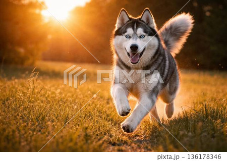 夕日に駆けるシベリアンハスキー 夕日に駆けるシベリアンハスキー 136178346