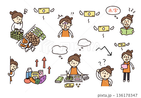 不安な主婦とお金のイラストセット 136178347