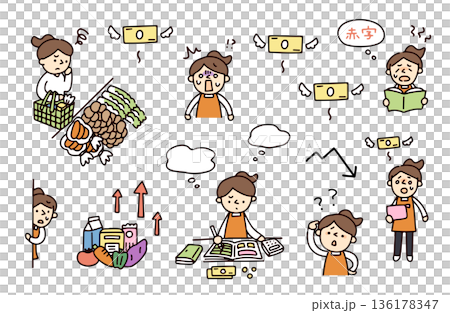 不安な主婦とお金のイラストセット 136178347