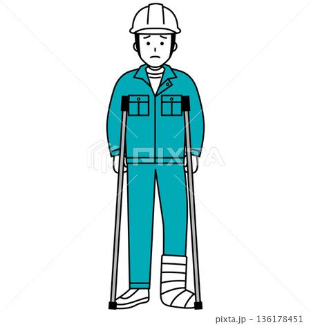 足を怪我して松葉杖をついている作業員の男性 足を怪我して松葉杖をついている作業員の男性 136178451