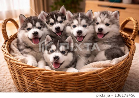 かごいっぱいのシベリアンハスキーの子犬たち 136178456