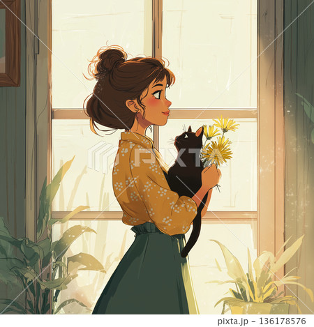 黒猫を抱く女の子 136178576