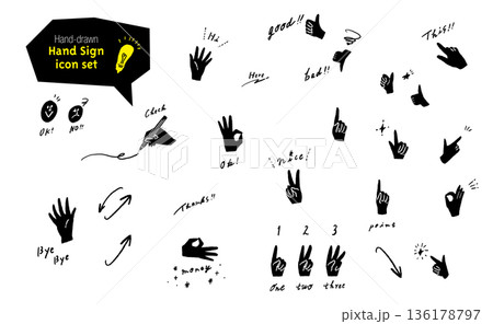手描きの手のポーズのバリエーションセット　ハンドサインとジェスチャー　モノクロシルエット 136178797
