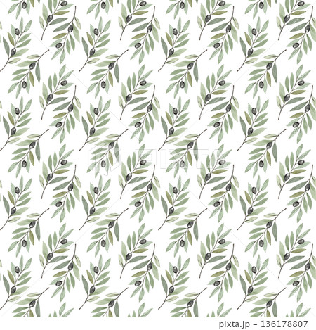 Seamless olive branch pattern in soft watercolor style on white background. Perfect for Lent, Palm Sunday, calm religious design for church materials, invitations, posters, faith-based print projects 136178807