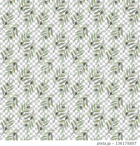 Seamless olive branch pattern in soft watercolor style on white background. Perfect for Lent, Palm Sunday, calm religious design for church materials, invitations, posters, faith-based print projects 136178807