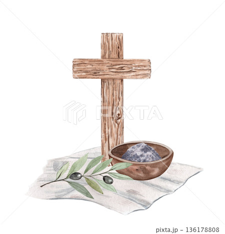 Wooden cross with bowl of ash, olive branch on soft linen cloth, watercolor illustration isolated on white. Religious composition perfect for church posters, Lent season designs, sermons, invitations 136178808