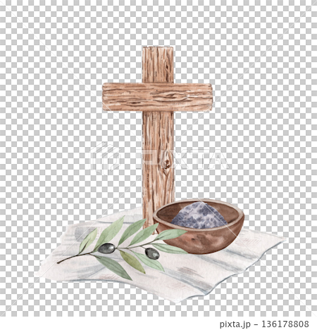 Wooden cross with bowl of ash, olive branch on soft linen cloth, watercolor illustration isolated on white. Religious composition perfect for church posters, Lent season designs, sermons, invitations 136178808
