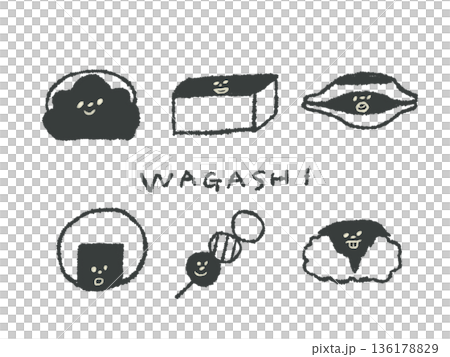 Expressive hand-drawn illustrations of Japanese sweets that can be used as icons or symbol marks in designs 136178829