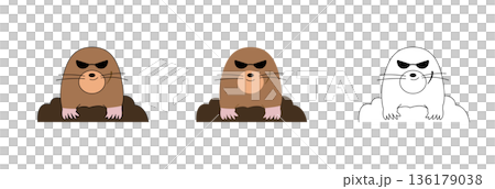 一組扁平風格的戴墨鏡的邪惡鼴鼠線描圖 | 害蟲、角色、土壤 136179038