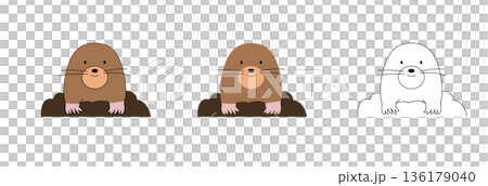 一組可愛的線條畫，描繪了一隻鼴鼠從土裡探出頭來，風格扁平 | 動物、地面、土壤 136179040