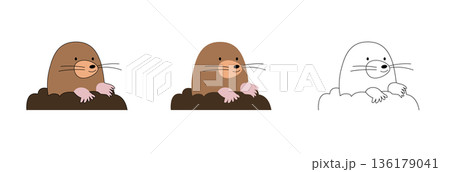 ラットな画風の横を向いて土から顔を出すモグラのイラスト・線画セット | 動物・地面・土 136179041