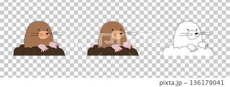 ラットな画風の横を向いて土から顔を出すモグラのイラスト・線画セット | 動物・地面・土 136179041