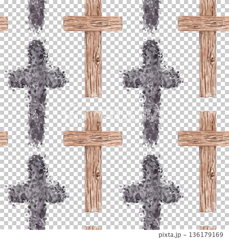 Seamless watercolor pattern with wooden crosses and ash crosses on white background. Hand painted religious repeat suitable for Lent designs, church stationery, wrapping paper, textiles, backgrounds Seamless watercolor pattern with wooden crosses and ash crosses on white background. Hand painted religious repeat suitable for Lent designs, church stationery, wrapping paper, textiles, backgrounds 136179169