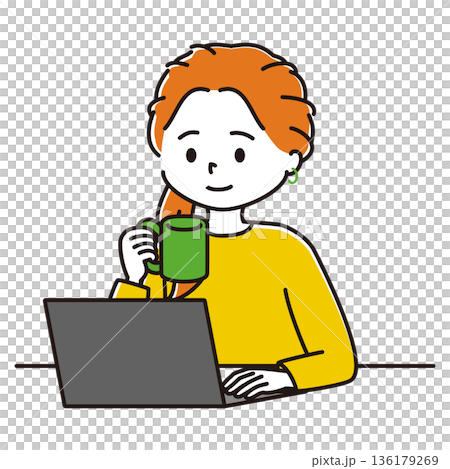 Illustration of a woman doing remote work while drinking coffee 136179269