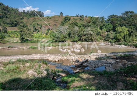 Scenery view of Mae Kok river in Chiang Rai province, Thailand. The river originates in the Shan State of Burma. 136179486